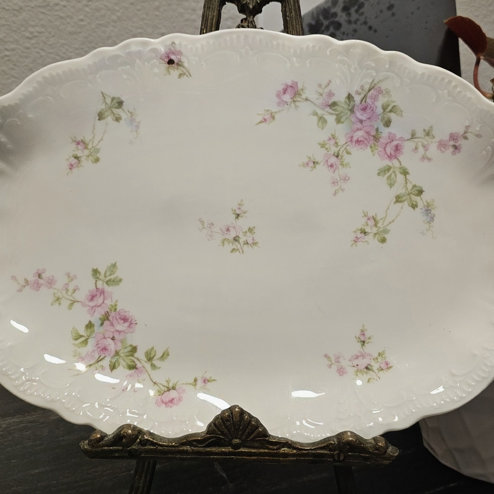 Vintage Serving Platter Pink Roses Bouquet Weimar Germany Oval Porcelain